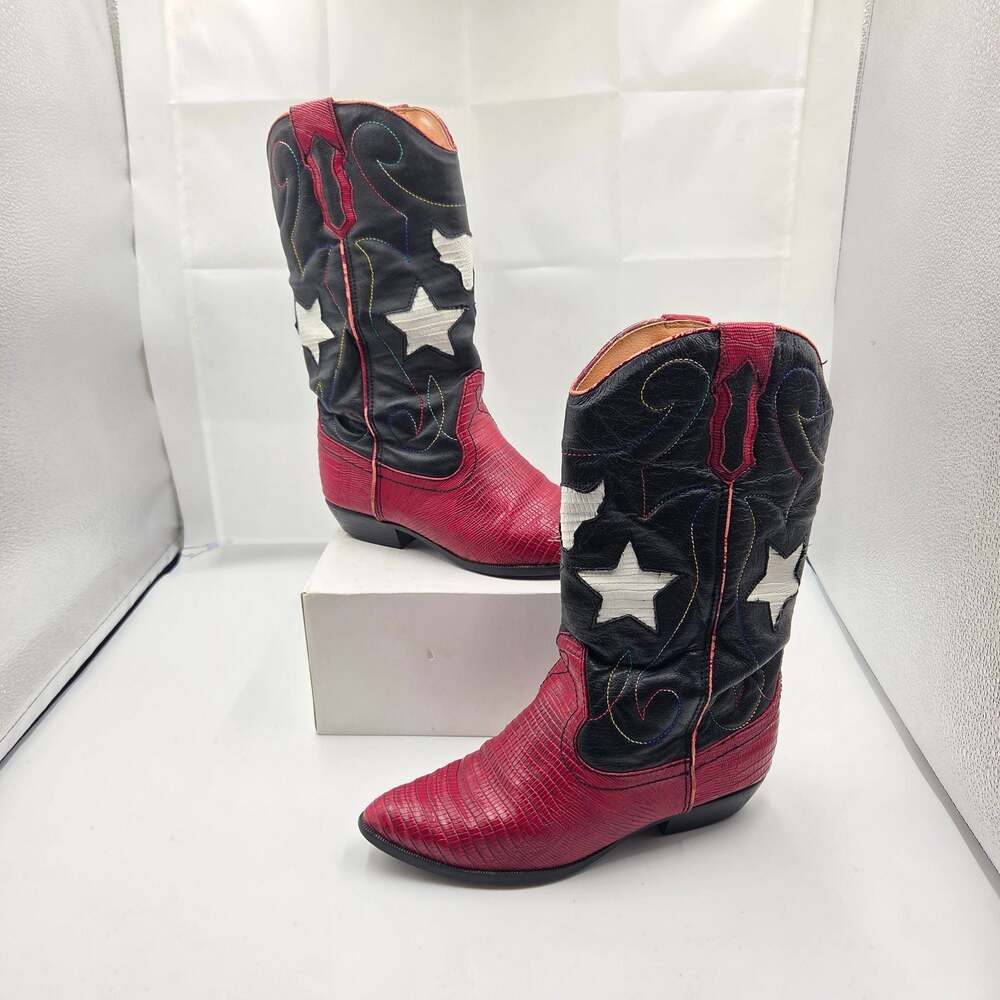 The Leather Collection Vintage Red/ Black Lizard‎ Western Boots Star Inlay 6.5